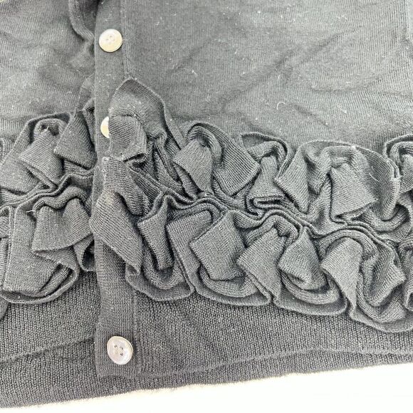 WOMEN J.CREW RUFFLE V-NECK CARDIGAN SWEATER BLACK LONG SLEEVES SZ M Merino Wool - Picture 2 of 3